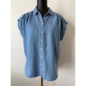LOFT Petites Blue Lyocell Linen Blend Chambray Short Sleeve Button Down Shirt MP
